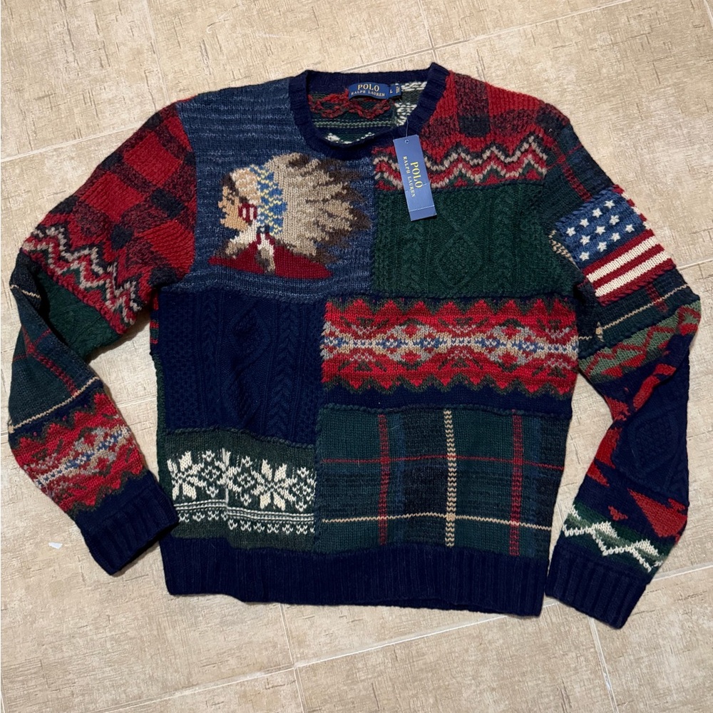 Polo by Ralph Lauren Men's Red and Green Patchwork Sweater